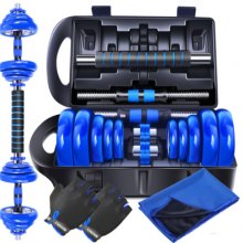 凯速胶圈款电镀哑铃15KG（7.5公斤*2）蓝杆运动健身套装杠铃男女士家用组合 送连接杆 专业手套 