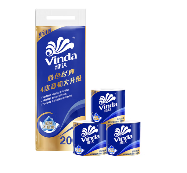 维达（Vinda）有芯卷纸 蓝色经典4层200克*10卷 厚韧大分量 卫生纸