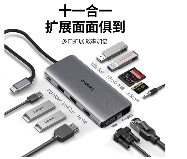 联想（Lenovo）Type-C扩展坞USB-C读卡器拓展坞HDMI千兆网口转接头HUB分线器