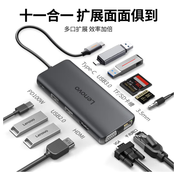 联想（Lenovo）Type-C扩展坞USB-C读卡器拓展坞4K60Hz投屏HDMI千兆网口转接头H