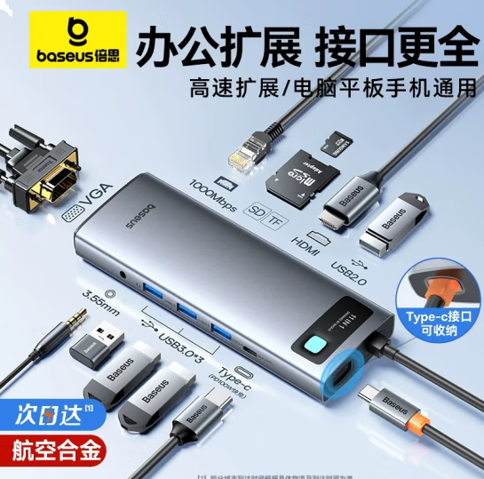 倍思拓展坞Type-C扩展坞充电器 分线转换器千兆网口4K60Hz投屏PD100W读卡通用
