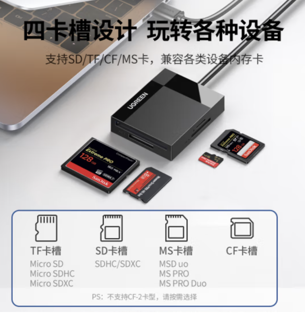 绿联多功能合一读卡器USB3.0高速 支持SD/TF/CF/MS型相机行车记录仪监控内存卡手机存储卡