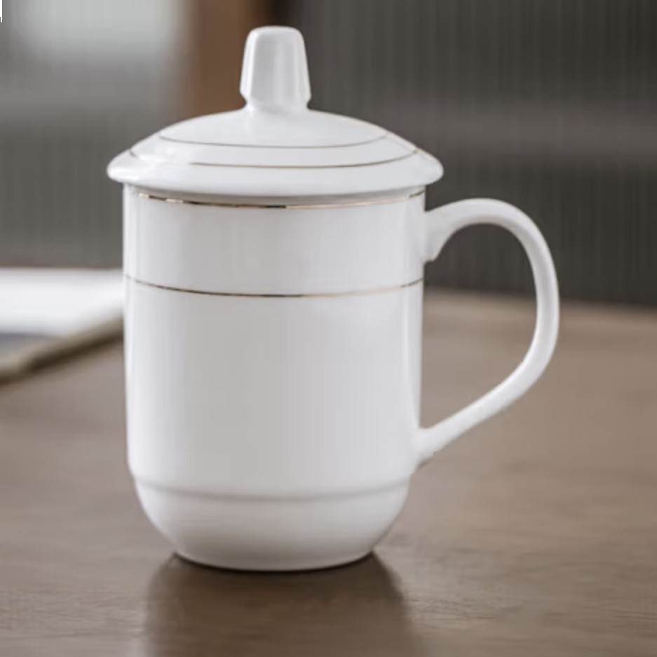 陶瓷茶杯办公会议水杯家用喝茶杯子金边开会杯子5只套装