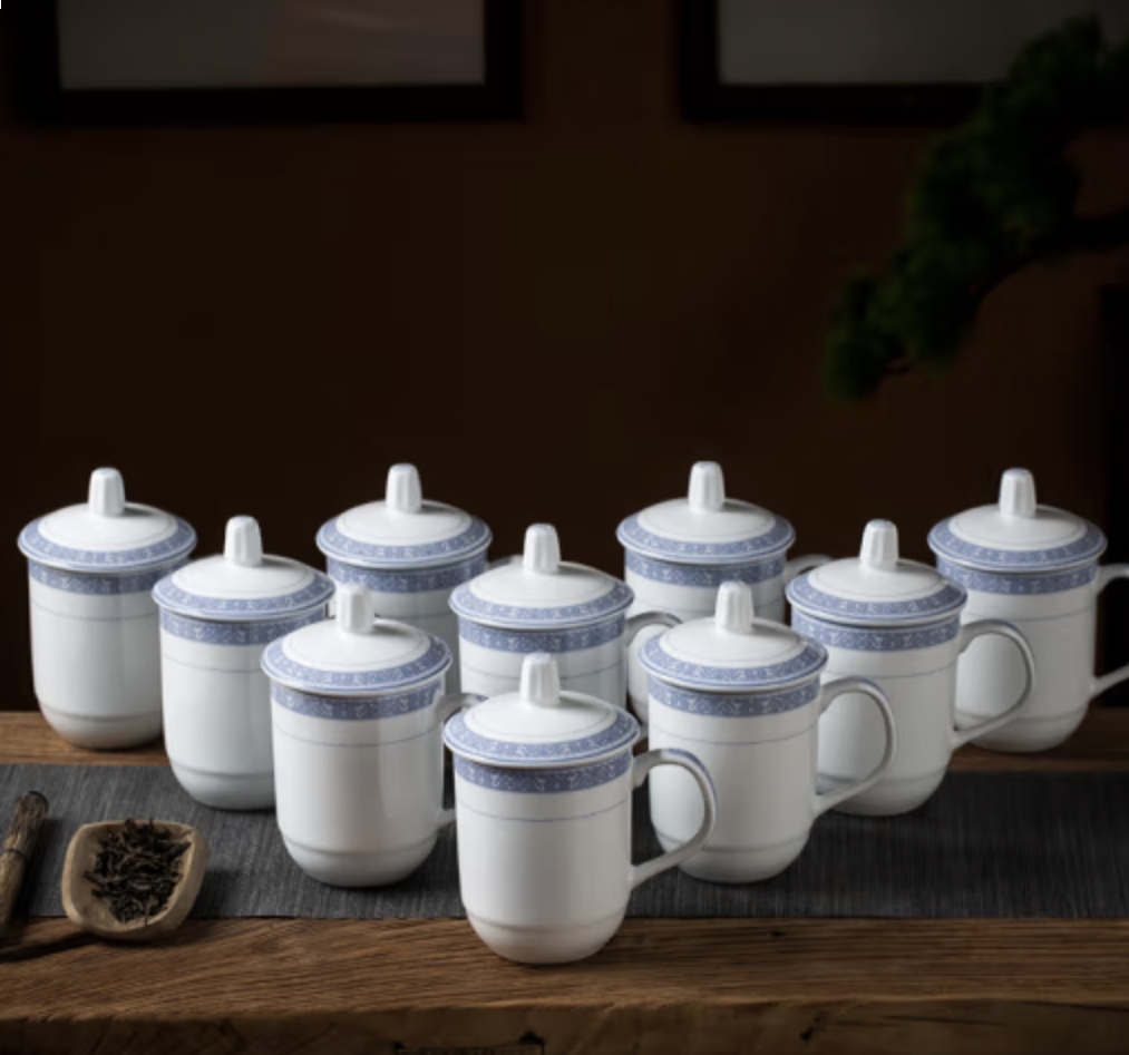 陶瓷杯会议杯办公杯带盖8只装青花杯子商务水杯套装350ml
