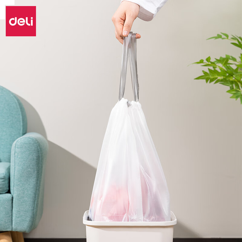 得力（deli）抽绳手提垃圾袋 提手防脏加厚防破家用办公 50*60cm60只 LQ506