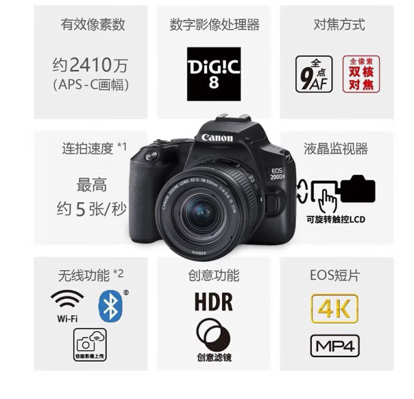 佳能（Canon）EOS 200D2 II 二代 单反相机 4K Vlog视频 