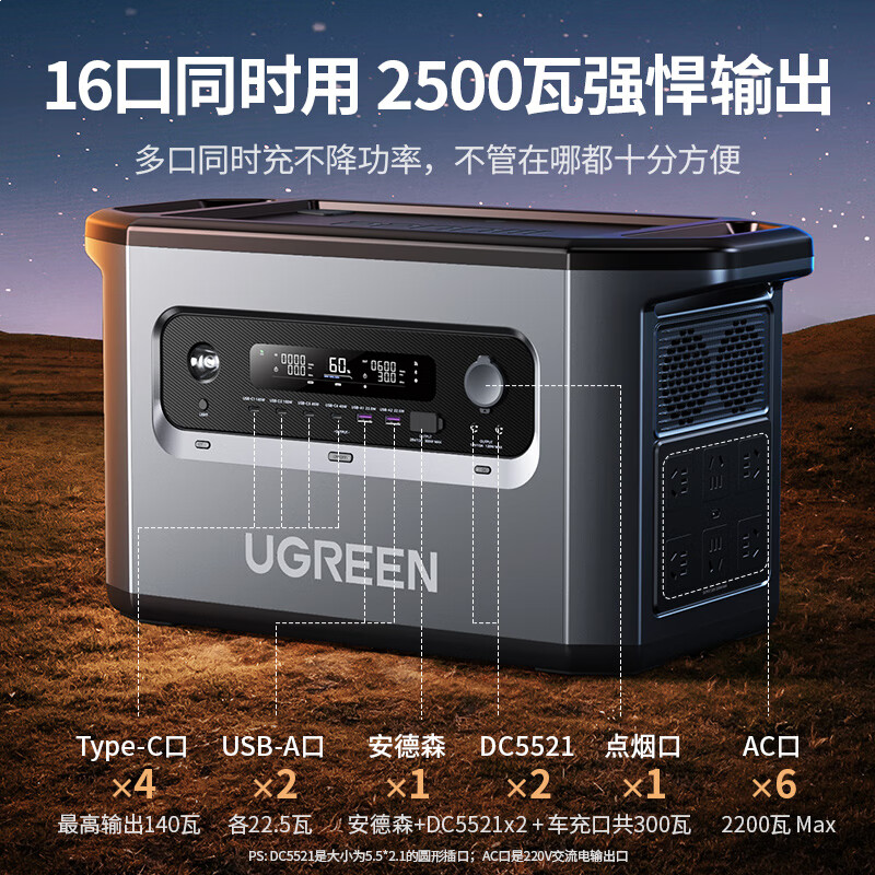 绿联【磷酸铁锂】户外电源GS2200W大功率 2度电大容量停电应急备用电源220V快充移动储能