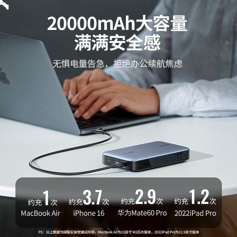 绿联100W超能块20000毫安 笔记本充电宝PD快充 可上飞机大容量功率移动户外电源