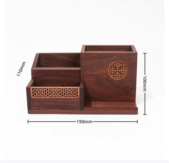 时光林实木笔筒创意中国风黑胡桃木窗花艺术笔筒